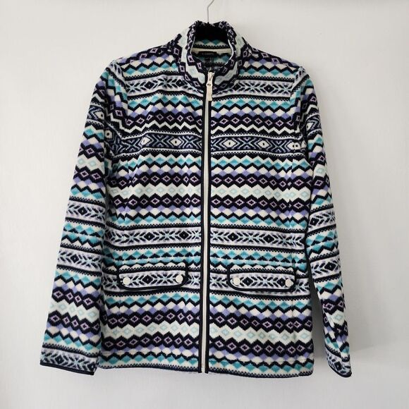 Talbots blue white Aztek full zip fleece jacket‎ womens size M - Picture 1 of 5
